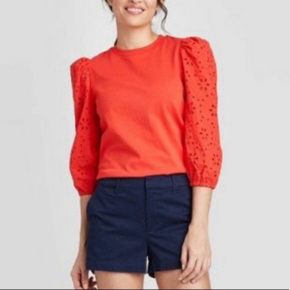 A New Day Puff Sleeve Red Eyelet Blouse Size Small
